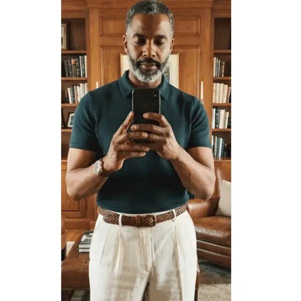 Teal knit · pleated linen